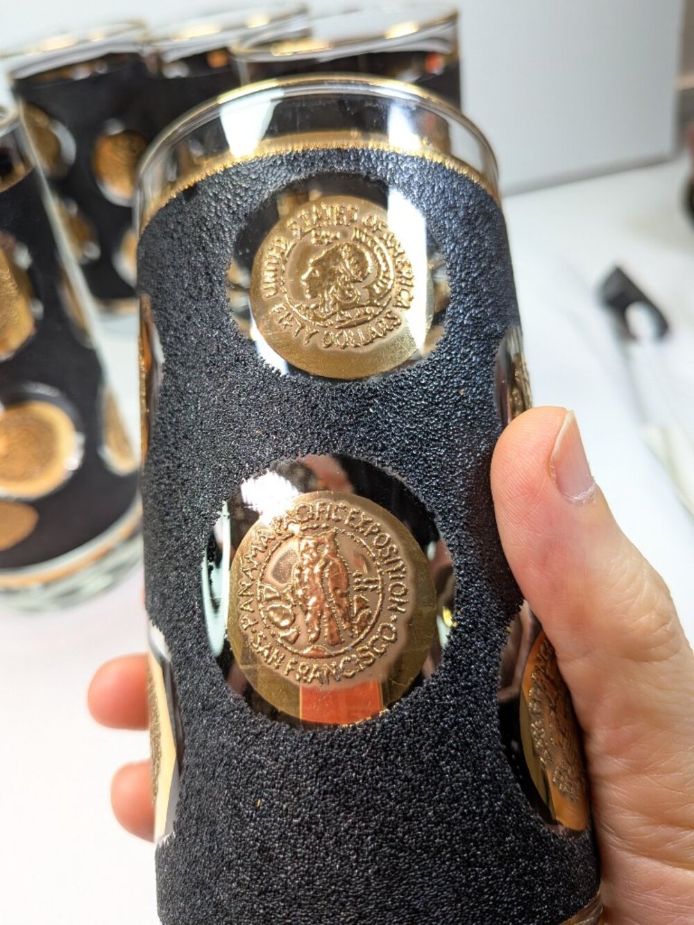 Set of 8 Vintage Culver Glass Panama Pacific 22k Gold Coin Highball Tumblers MCM - Picture 6 of 12